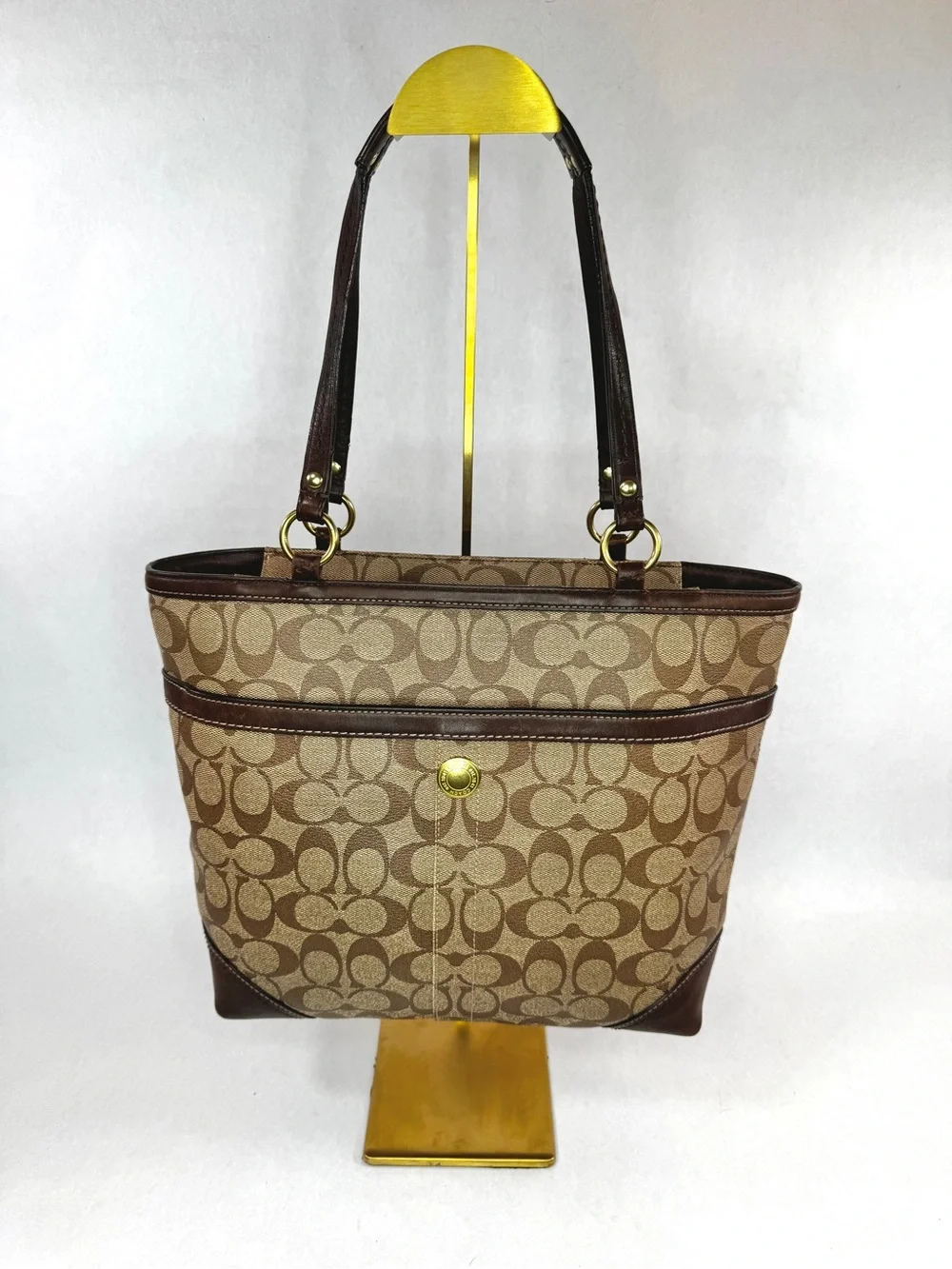 Coach Signature Stripe Tote Bag Brown Jacquard Canvas & Leather Shoulder Bag